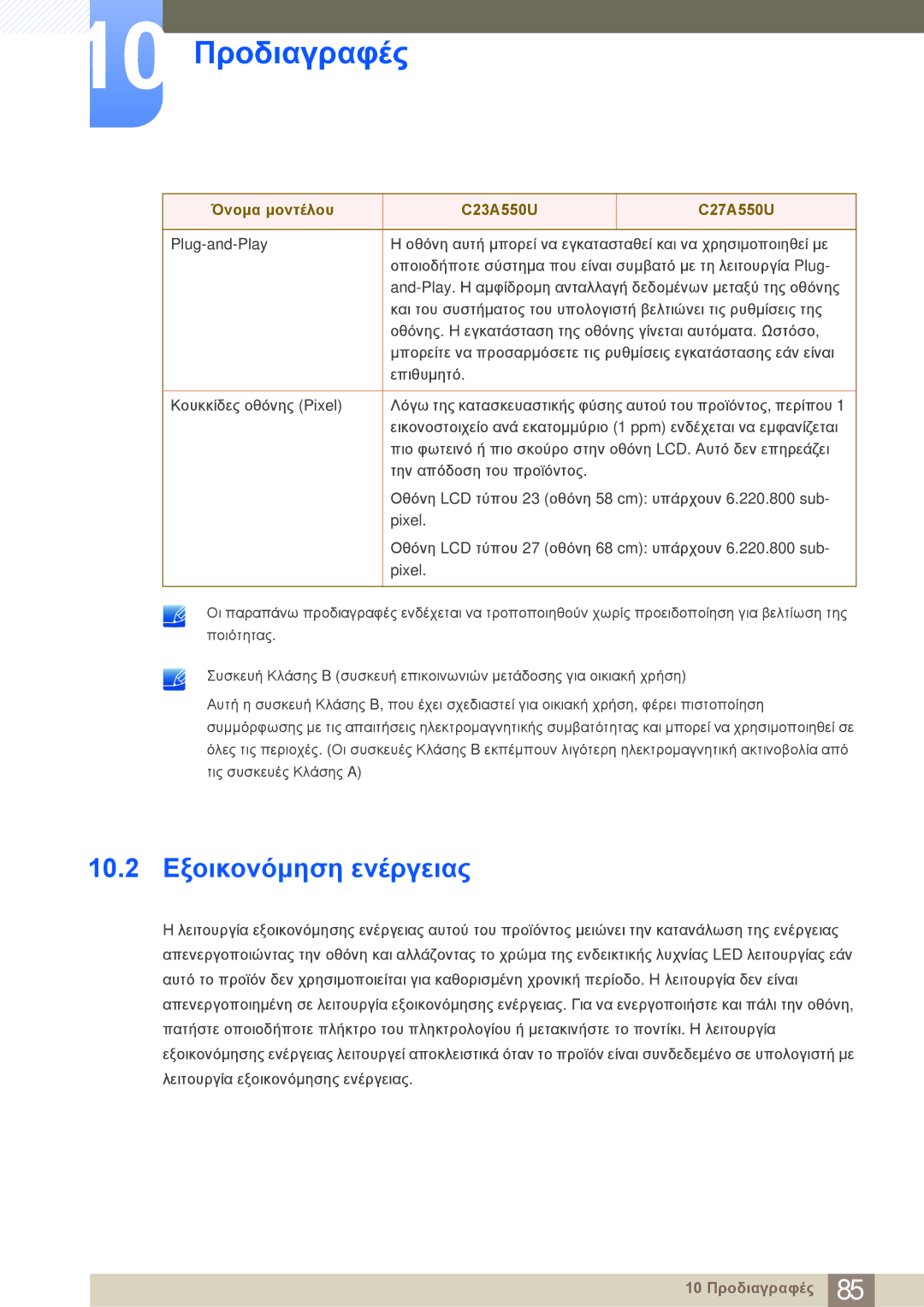 Samsung LC23A550US/EN manual 10.2 Εξοικονόμηση ενέργειας 