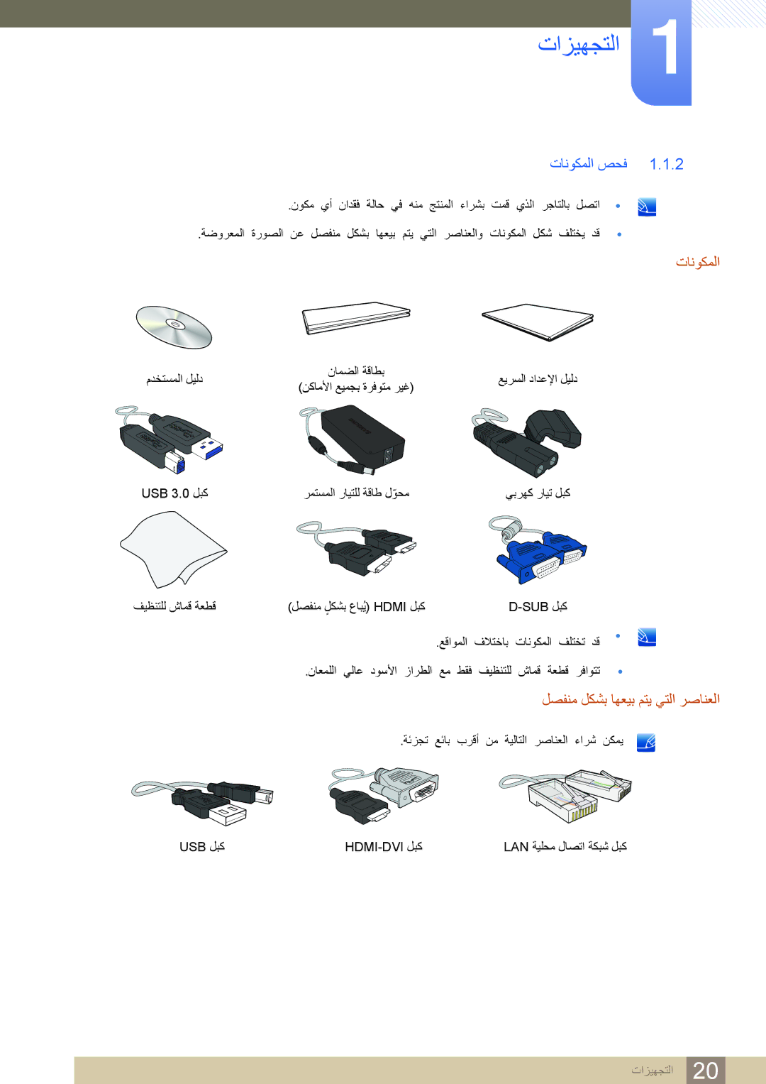 Samsung LC23A550US/ZN, LC23A550US/NG, LC27A550US/ZN manual ﺕﺎﻧﻮﻜﻤﻟﺍ ﺺﺤﻓ, ﻞﺼﻔﻨﻣ ﻞﻜﺸﺑ ﺎﻬﻌﻴﺑ ﻢﺘﻳ ﻲﺘﻟﺍ ﺮﺻﺎﻨﻌﻟﺍ 