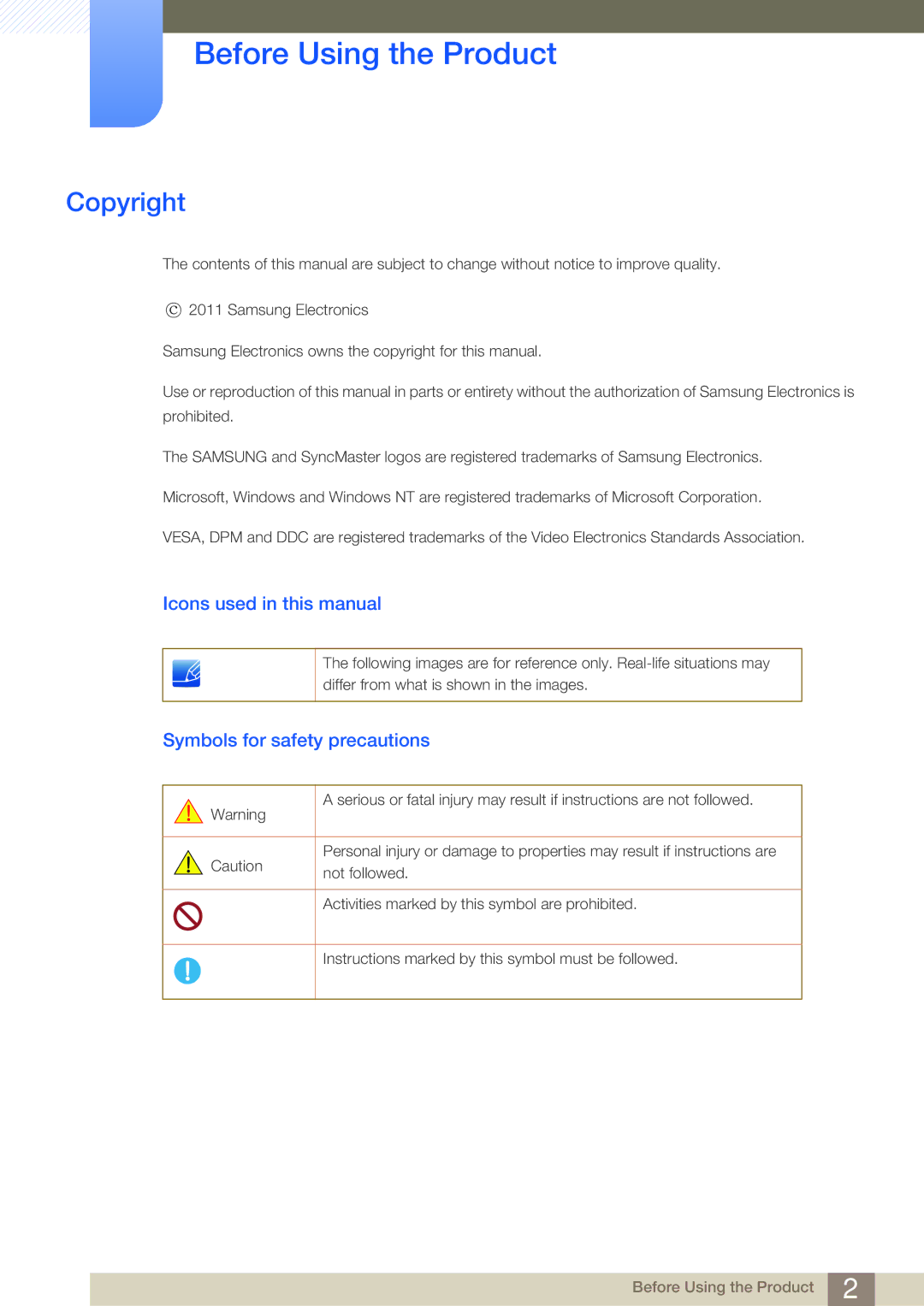 Samsung LC23A550US/ZN Before Using the Product, Copyright, Icons used in this manual, Symbols for safety precautions 