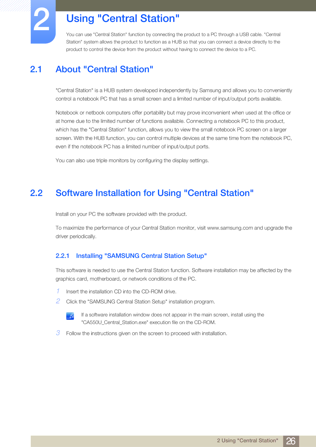 Samsung LC23A550US/ZN, LC23A550US/NG manual About Central Station, Software Installation for Using Central Station 