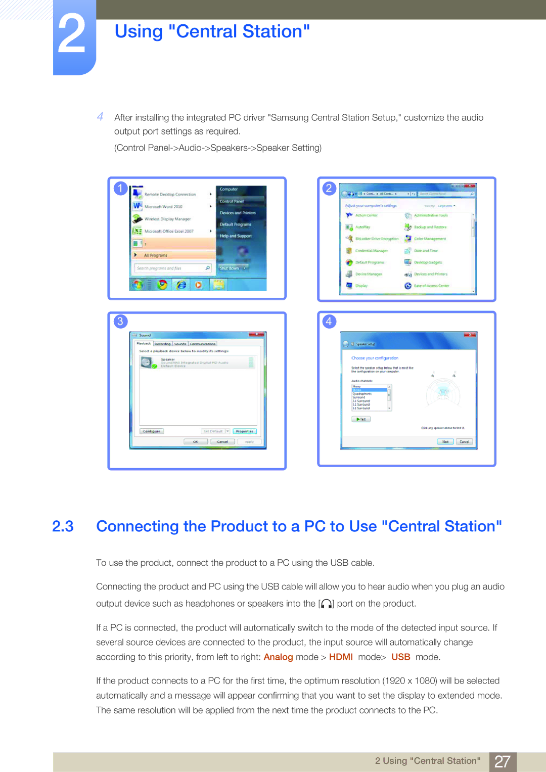 Samsung LC23A550US/NG, LC27A550US/ZN, LC23A550US/ZN manual Connecting the Product to a PC to Use Central Station 