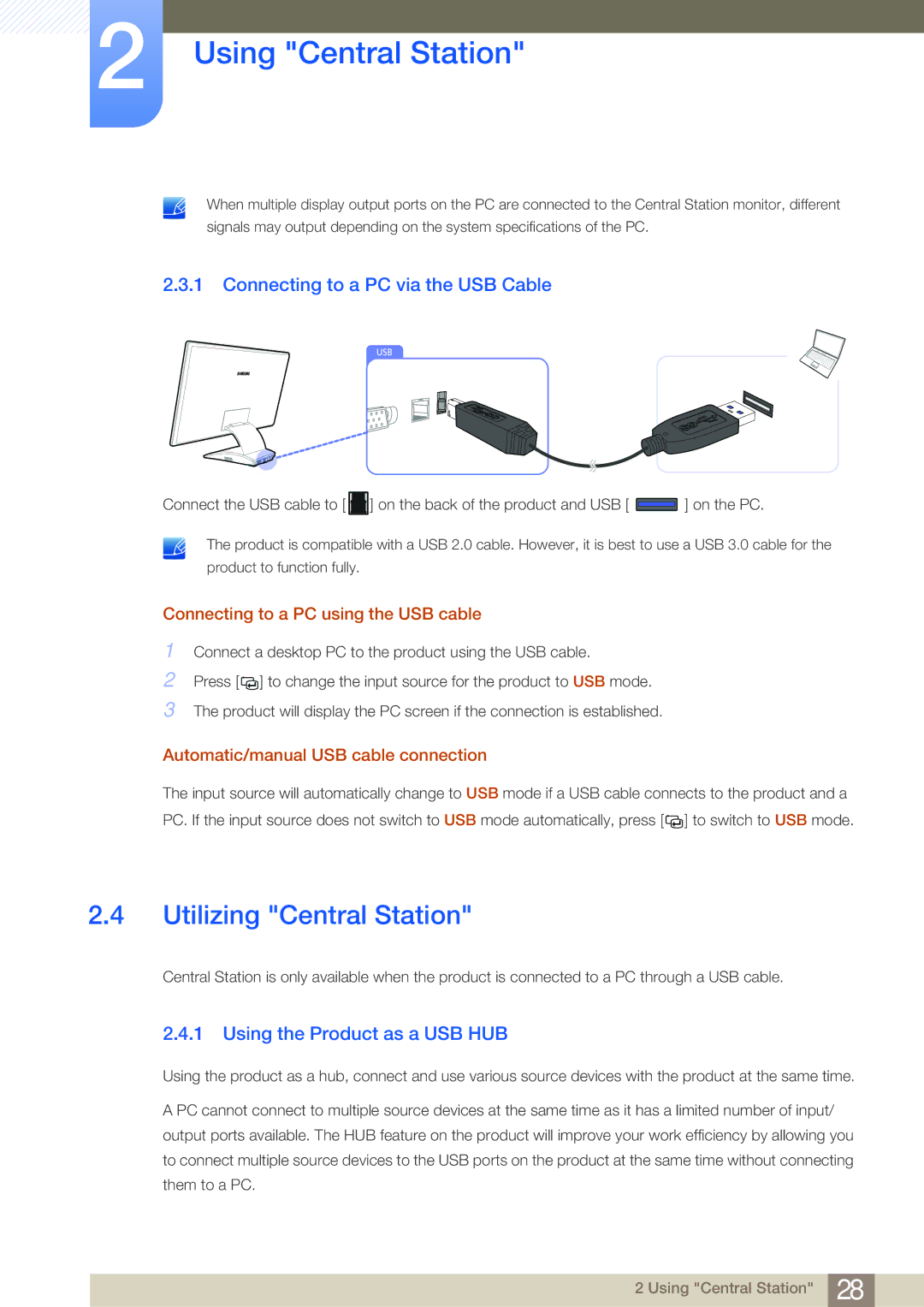 Samsung LC27A550US/ZN Utilizing Central Station, Connecting to a PC via the USB Cable, Using the Product as a USB HUB 