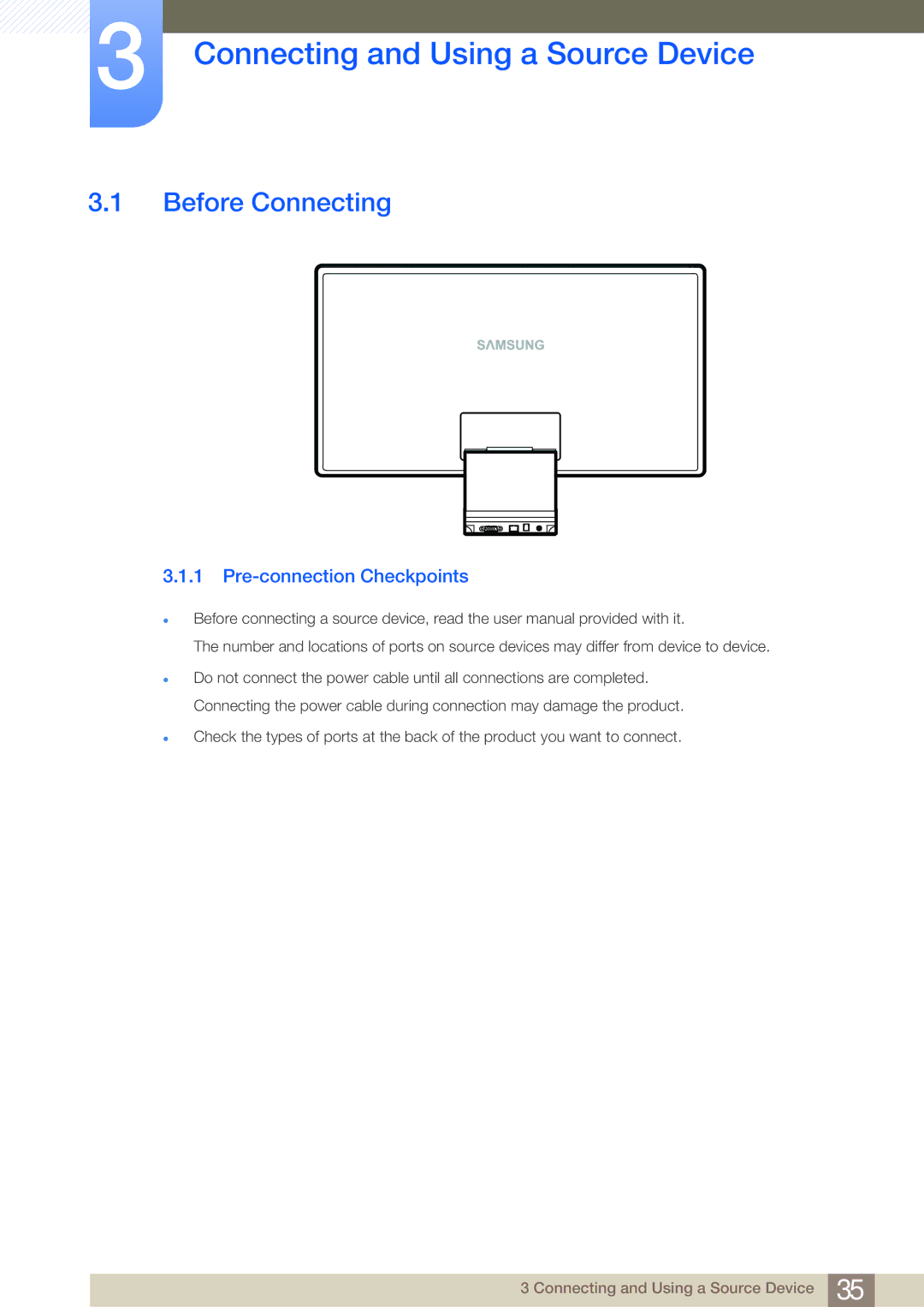 Samsung LC23A550US/ZN, LC23A550US/NG Connecting and Using a Source Device, Before Connecting, Pre-connection Checkpoints 