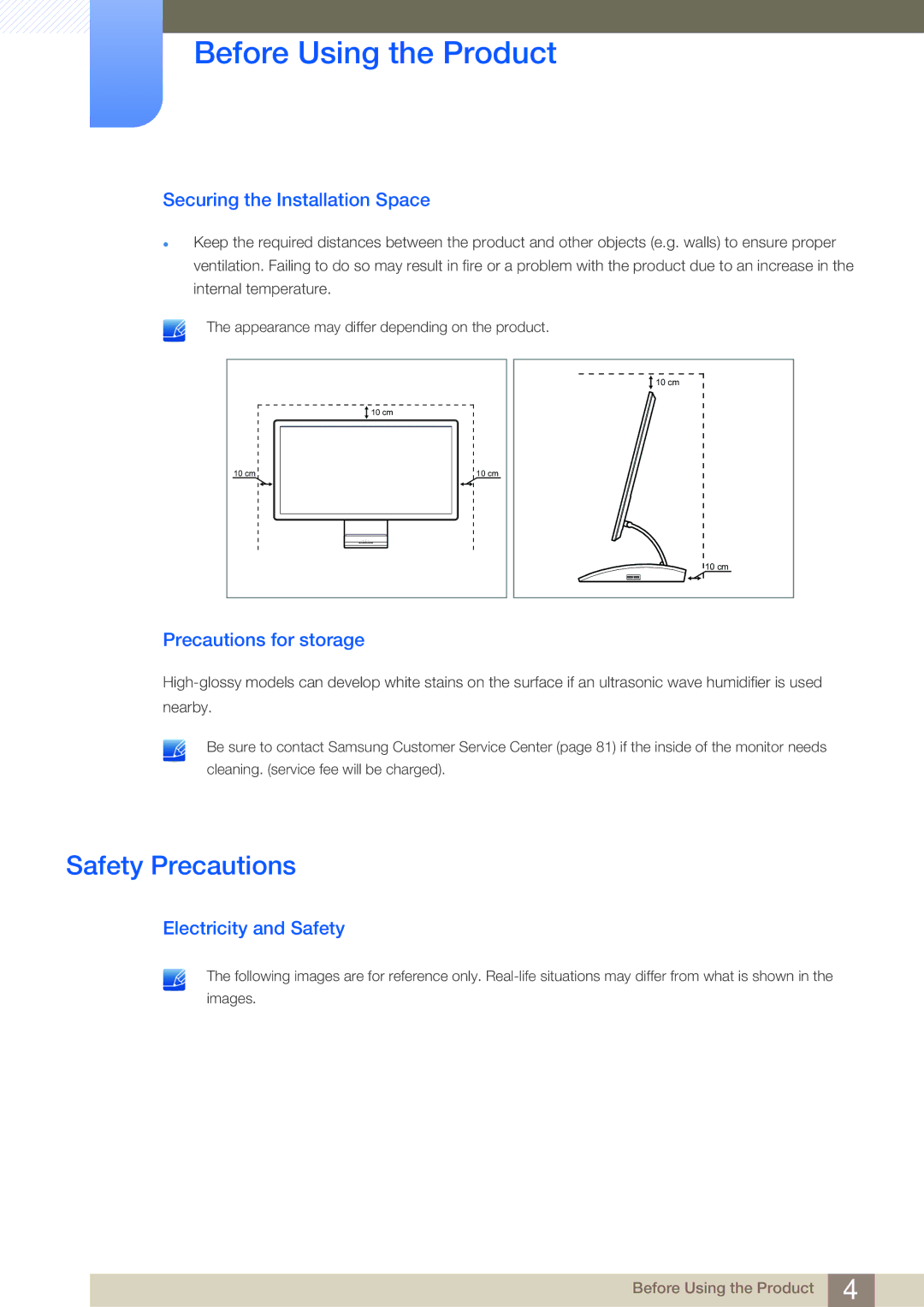 Samsung LC27A550US/ZN Safety Precautions, Securing the Installation Space, Precautions for storage, Electricity and Safety 