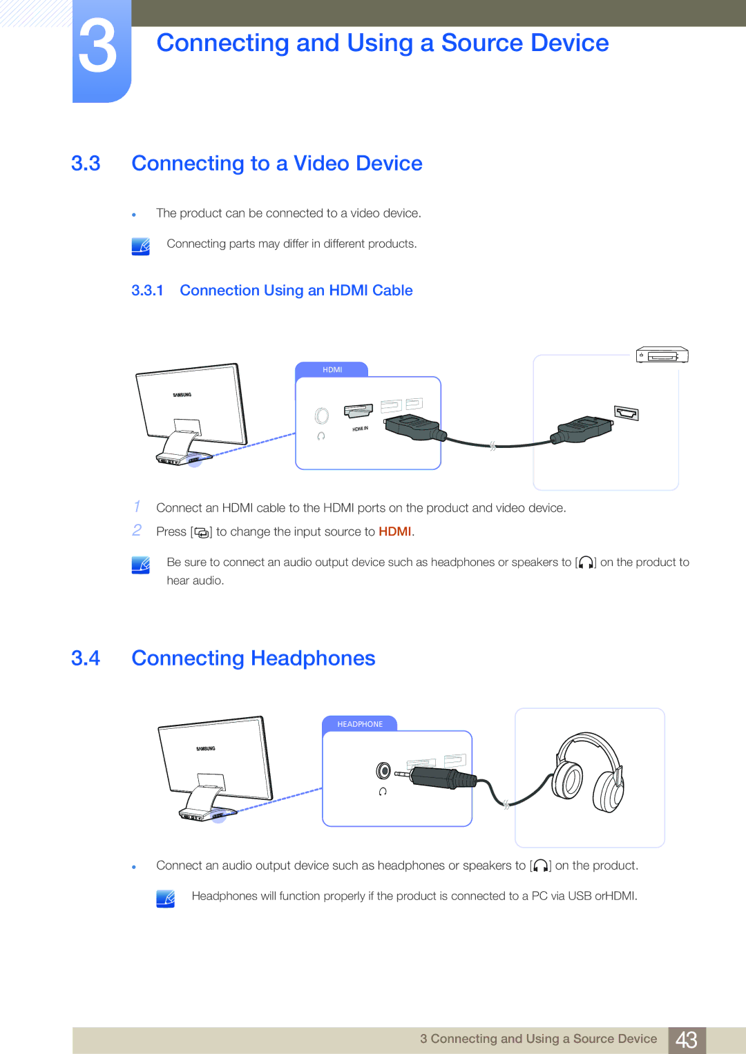 Samsung LC27A550US/ZN, LC23A550US/NG Connecting to a Video Device, Connecting Headphones, Connection Using an Hdmi Cable 