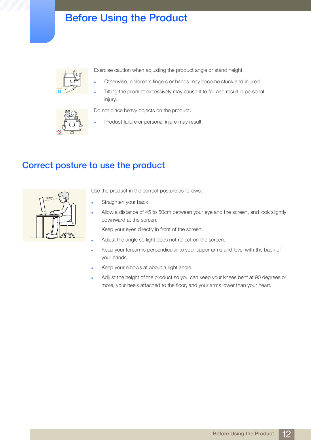 Samsung LC23A550USSCI, LC23A550US/ZA, LC27A550US/EN, LC23A550US/EN, LC27A550USSCI manual Correct posture to use the product 