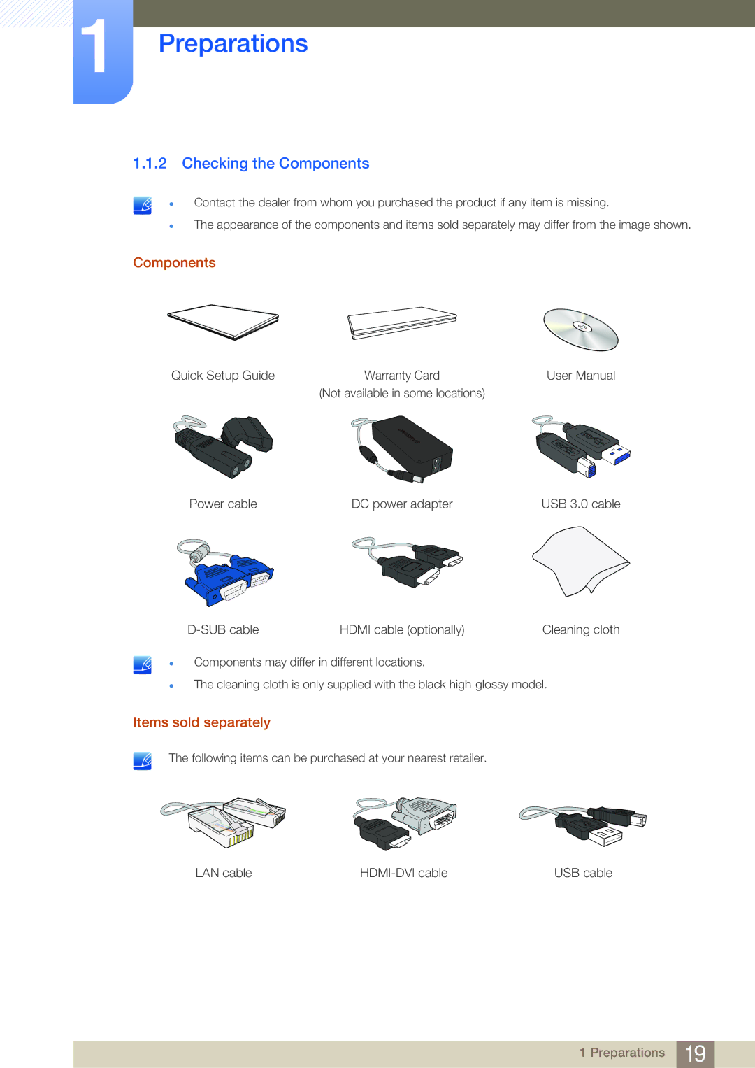 Samsung LC27A550USSCI, LC23A550US/ZA, LC27A550US/EN, LC23A550US/EN manual Checking the Components, Items sold separately 