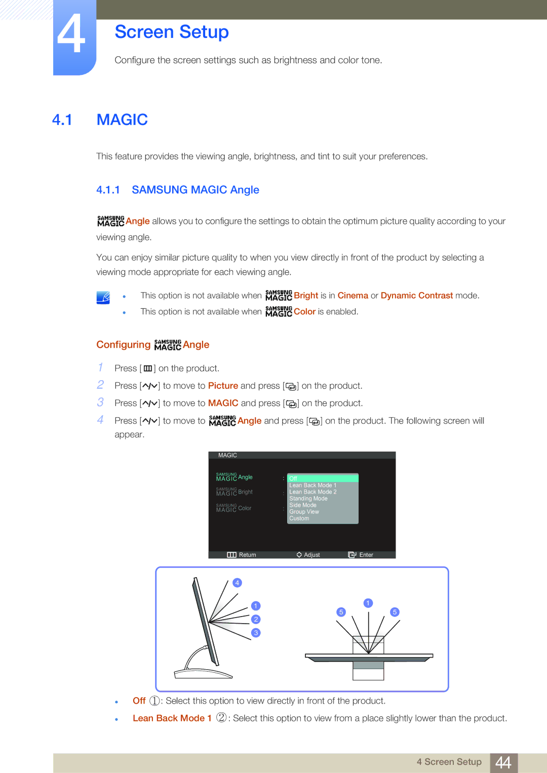 Samsung LC23A550USSCI, LC23A550US/ZA, LC27A550US/EN, LC23A550US/EN manual Screen Setup, Samsung Magic Angle, Configuring Angle 