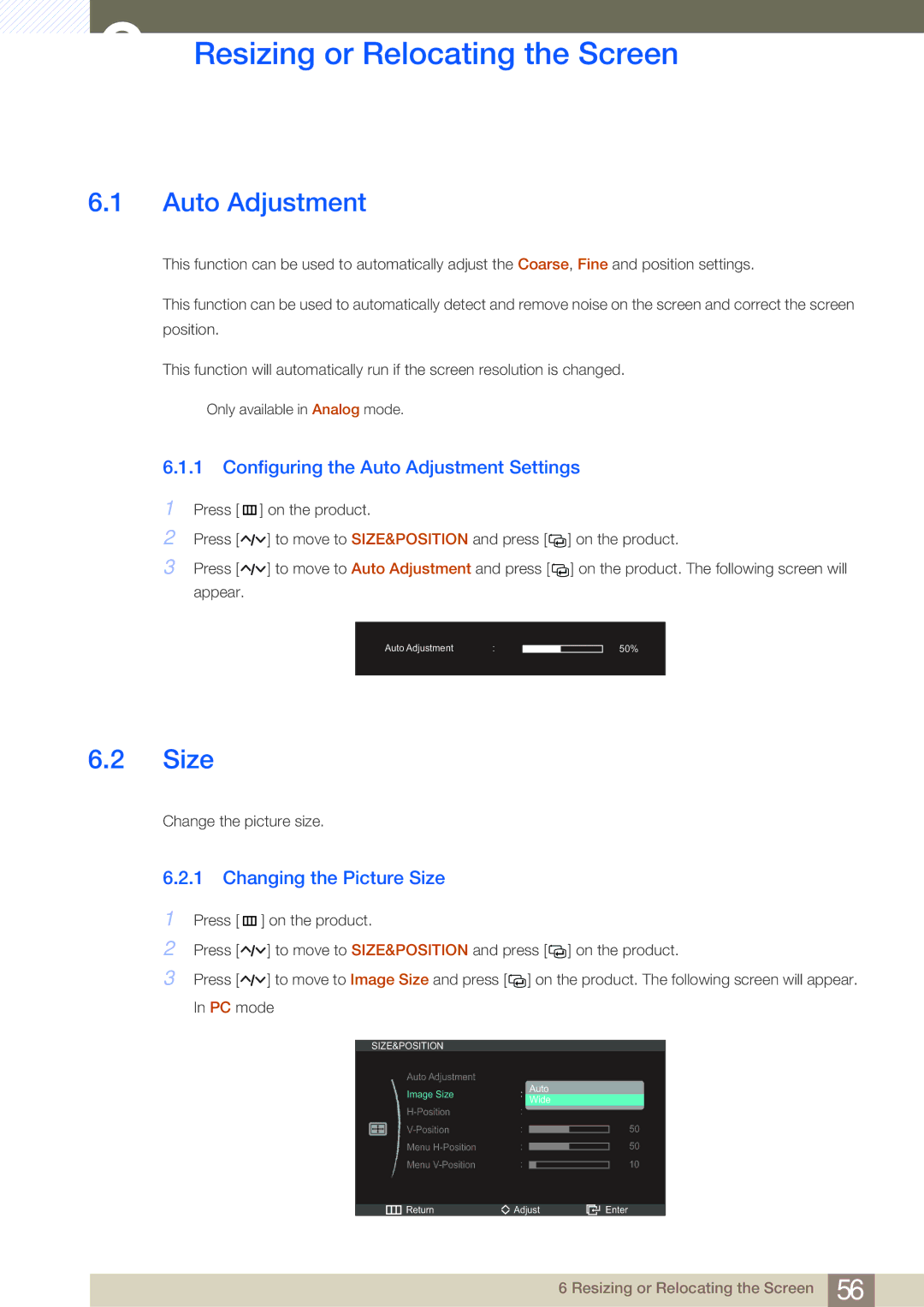 Samsung LC23A550US/ZA, LC27A550US/EN Resizing or Relocating the Screen, Size, Configuring the Auto Adjustment Settings 