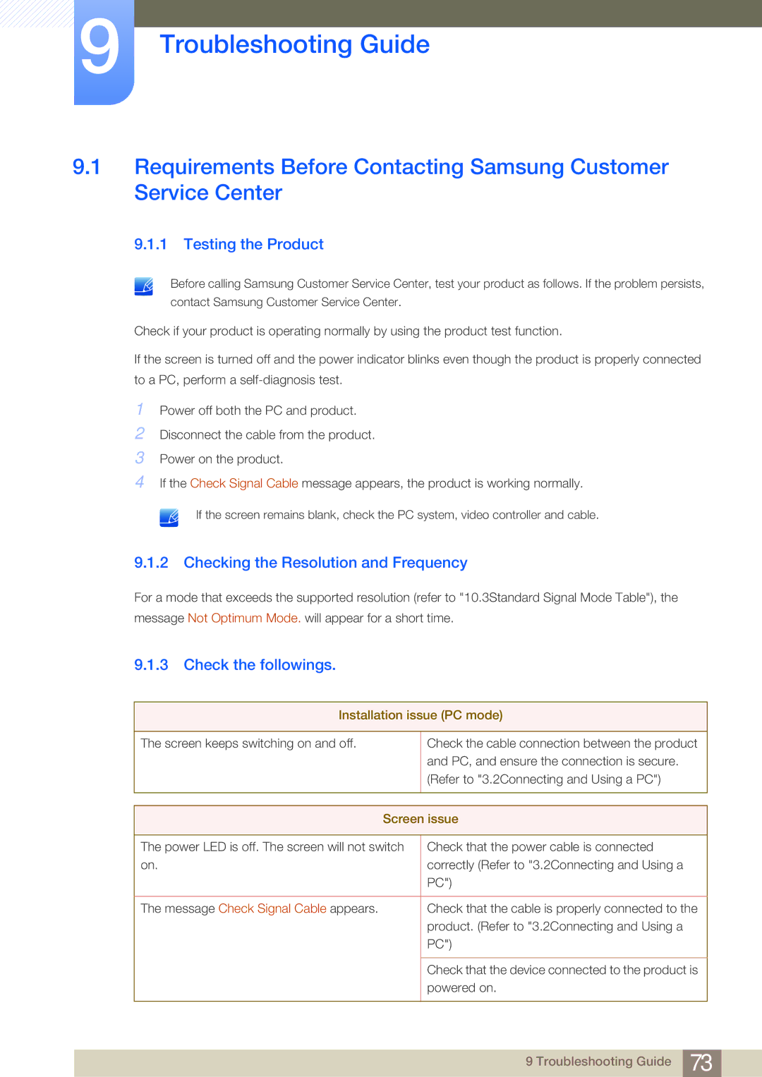 Samsung LC27A550US/EN, LC23A550US/ZA Troubleshooting Guide, Testing the Product, Checking the Resolution and Frequency 