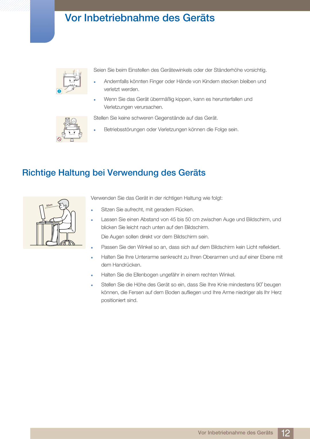 Samsung LC23A550US/ZA, LC27A550US/EN, LC23A550US/EN manual Richtige Haltung bei Verwendung des Geräts 