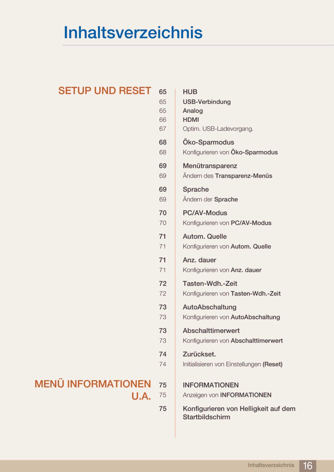 Samsung LC27A550US/EN, LC23A550US/ZA, LC23A550US/EN manual Setup UND Reset Menü Informationen 75 U.A 