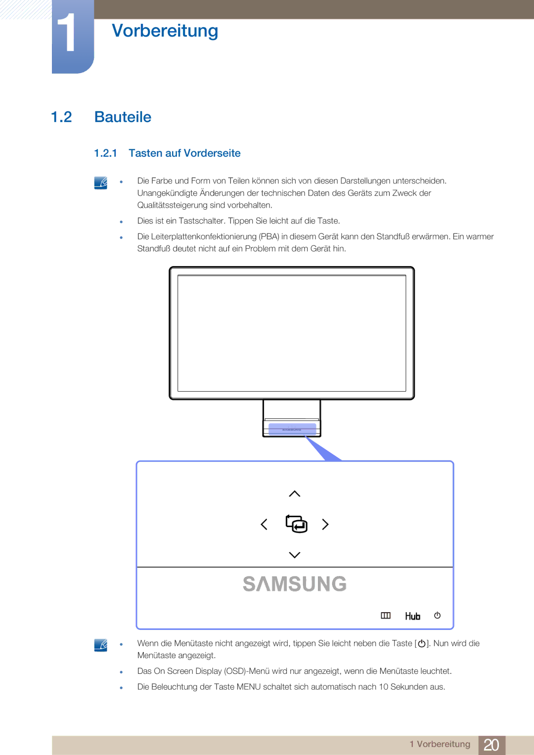 Samsung LC23A550US/EN, LC23A550US/ZA, LC27A550US/EN manual Bauteile, Tasten auf Vorderseite 