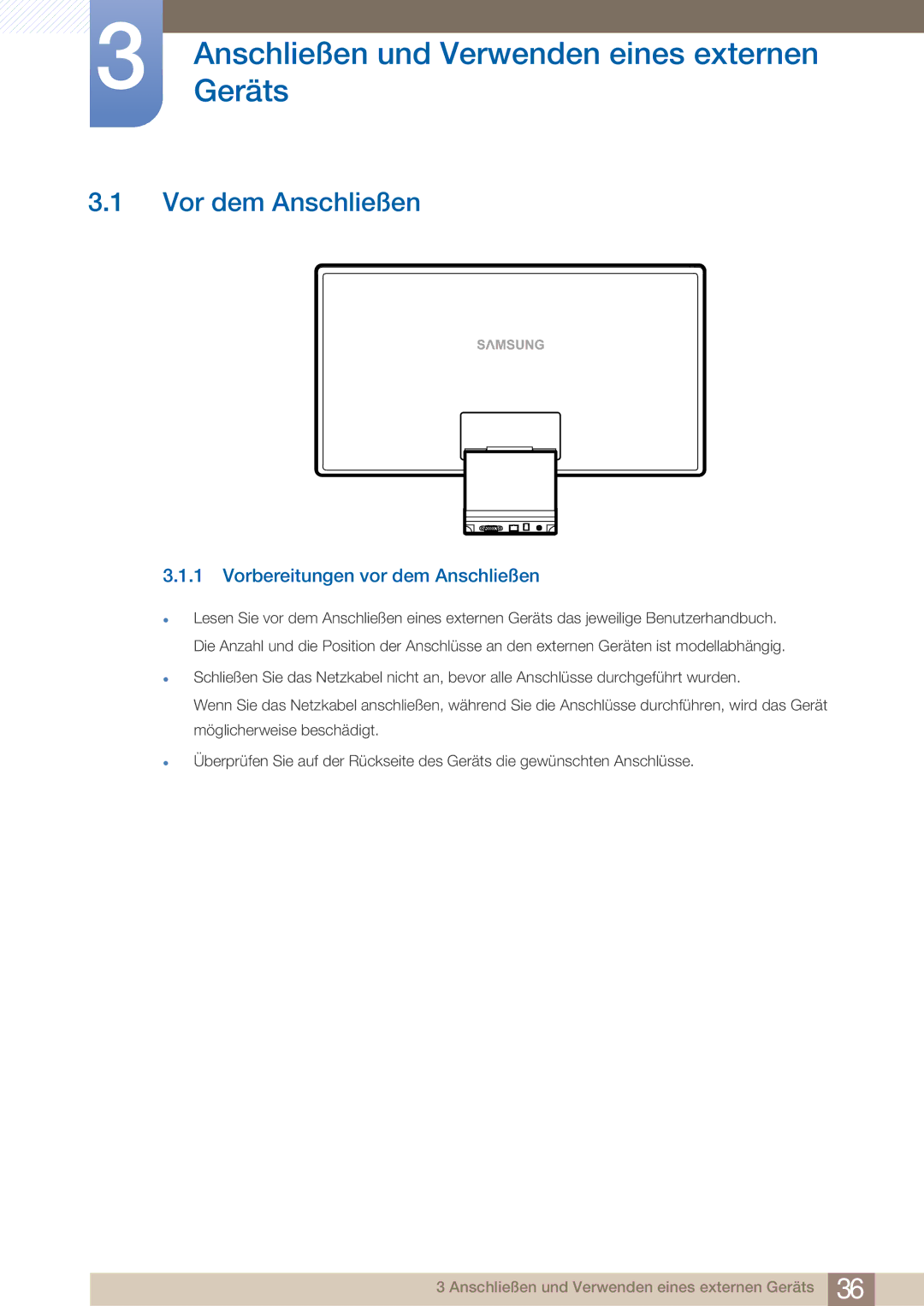 Samsung LC23A550US/ZA, LC27A550US/EN, LC23A550US/EN AnschließenGeräts und Verwenden eines externen, Vor dem Anschließen 