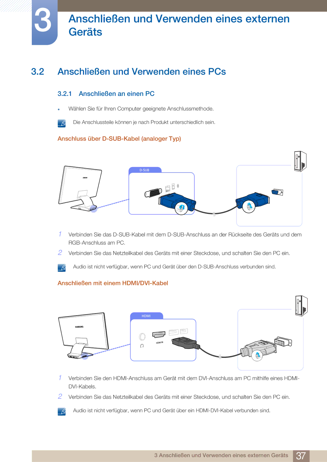 Samsung LC27A550US/EN Anschließen und Verwenden eines PCs, Anschließen an einen PC, Anschließen mit einem HDMI/DVI-Kabel 