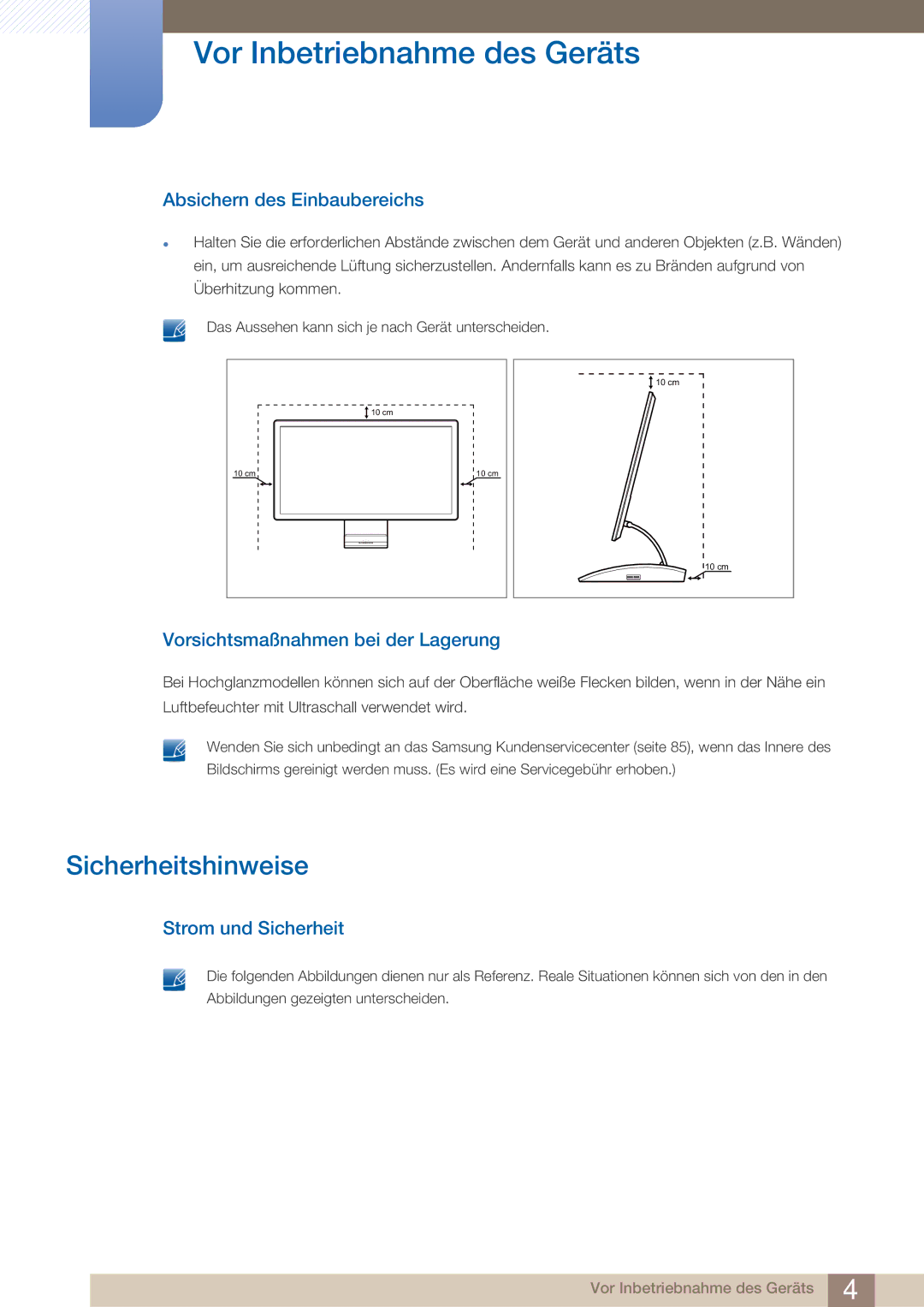 Samsung LC27A550US/EN manual Sicherheitshinweise, Absichern des Einbaubereichs, Vorsichtsmaßnahmen bei der Lagerung 