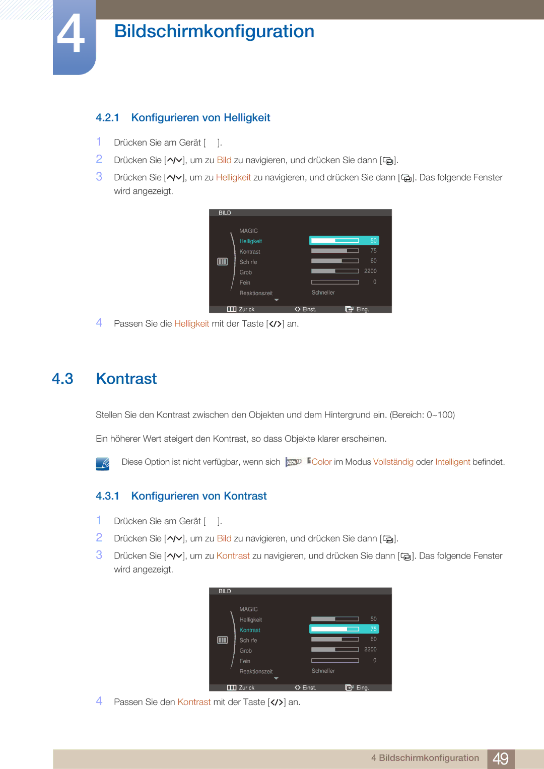 Samsung LC27A550US/EN, LC23A550US/ZA, LC23A550US/EN manual Konfigurieren von Helligkeit, Konfigurieren von Kontrast 