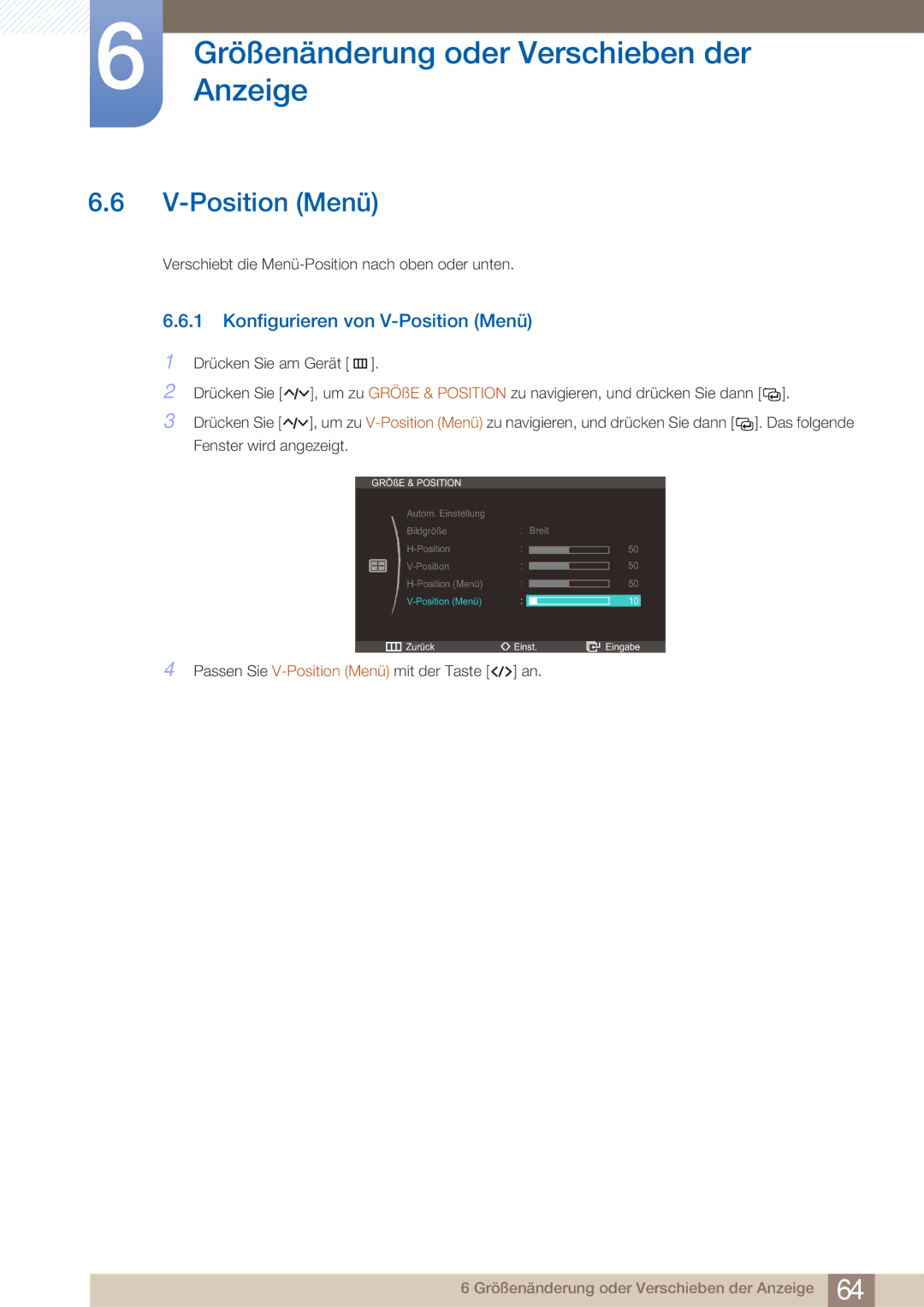 Samsung LC27A550US/EN, LC23A550US/ZA, LC23A550US/EN manual Konfigurieren von V-Position Menü 