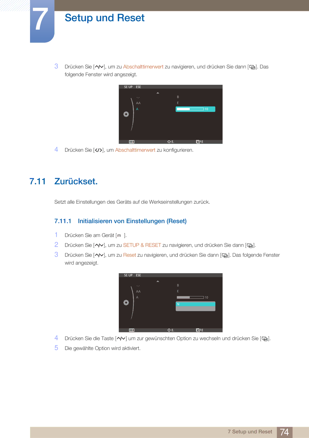 Samsung LC23A550US/EN, LC23A550US/ZA, LC27A550US/EN manual 11 Zurückset, Initialisieren von Einstellungen Reset 