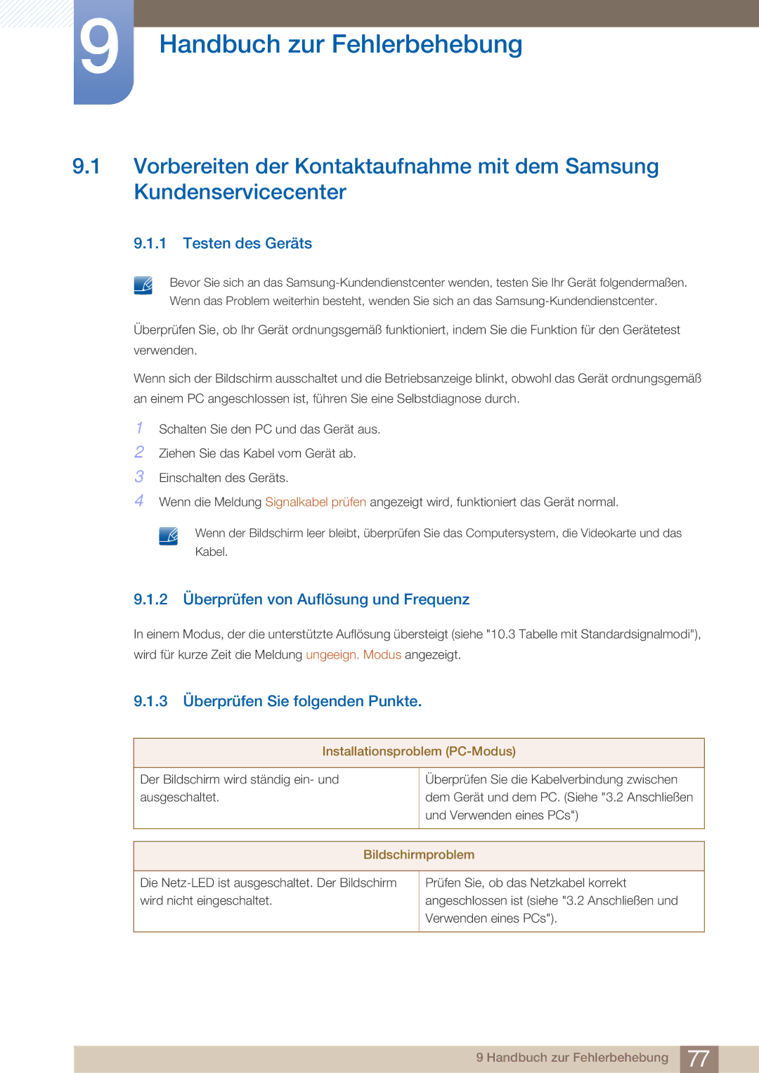 Samsung LC23A550US/EN manual Handbuch zur Fehlerbehebung, Testen des Geräts, 2 Überprüfen von Auflösung und Frequenz 