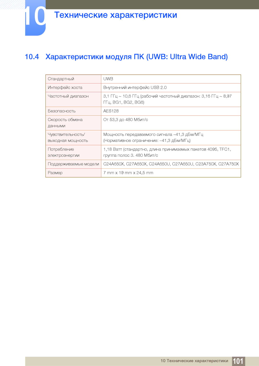 Samsung LC27A750XS/EN, LC23A750XS/EN, LC27A750XS/CI, LC23A750XS/CI 10.4 Характеристики модуля ПК UWB Ultra Wide Band, Uwb 