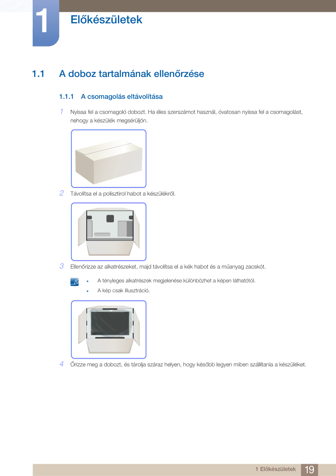 Samsung LC27A750XS/EN, LC23A750XS/EN, LC27A750XSSEN Előkészületek, Doboz tartalmának ellenőrzése, Csomagolás eltávolítása 