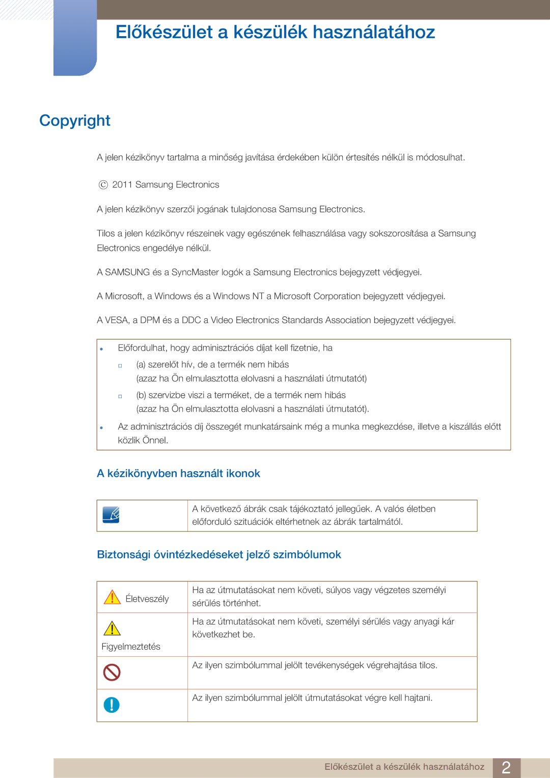 Samsung LC27A750XSSEN, LC23A750XS/EN manual Előkészület a készülék használatához, Copyright, Kézikönyvben használt ikonok 