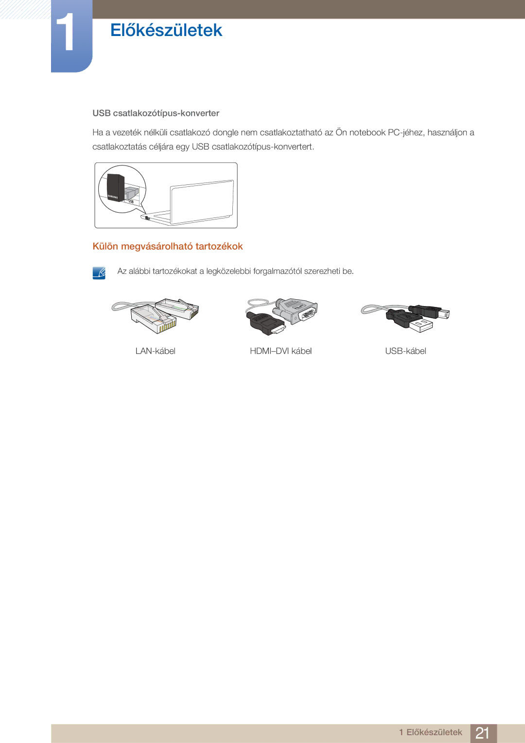 Samsung LC23A750XS/EN, LC27A750XS/EN, LC27A750XSSEN manual Külön megvásárolható tartozékok, USB csatlakozótípus-konverter 