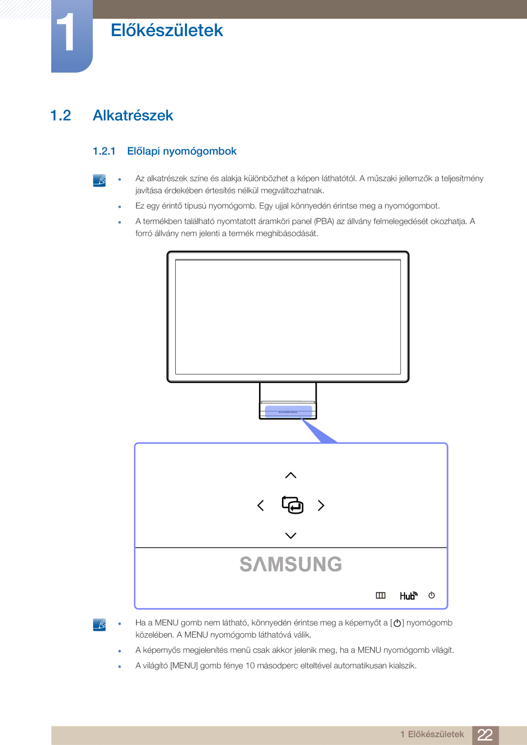 Samsung LC27A750XS/EN, LC23A750XS/EN, LC27A750XSSEN manual Alkatrészek, 1 Előlapi nyomógombok 