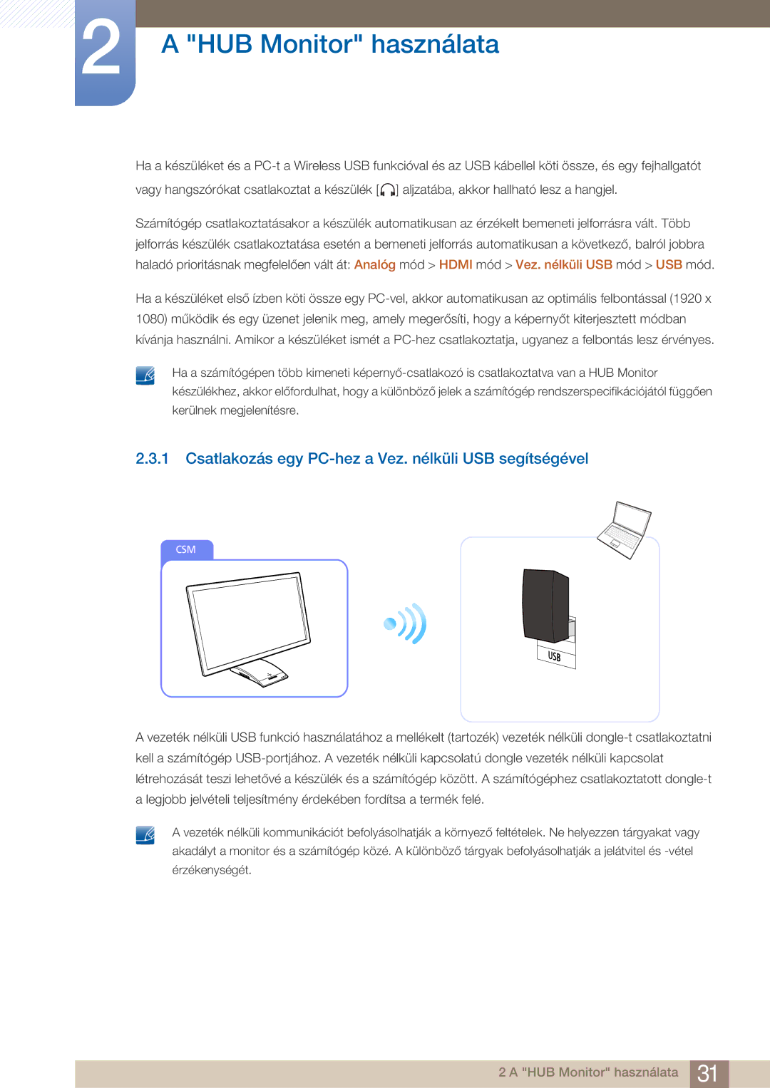 Samsung LC27A750XS/EN, LC23A750XS/EN, LC27A750XSSEN manual Csatlakozás egy PC-hez a Vez. nélküli USB segítségével 