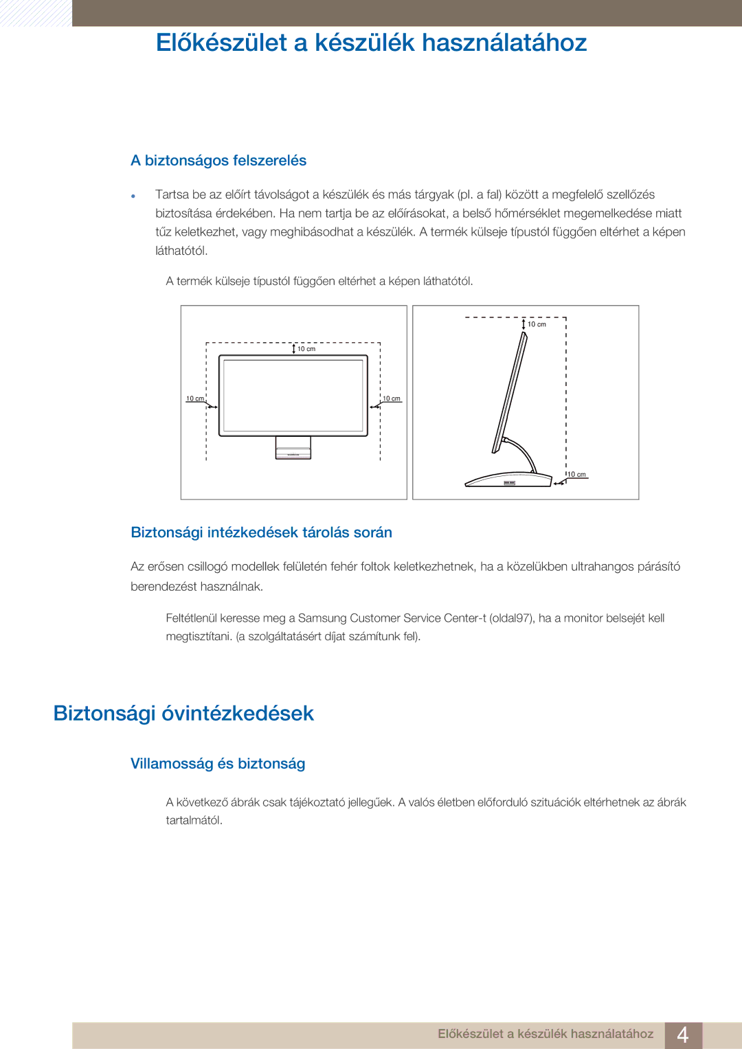 Samsung LC27A750XS/EN manual Biztonsági óvintézkedések, Biztonságos felszerelés, Biztonsági intézkedések tárolás során 