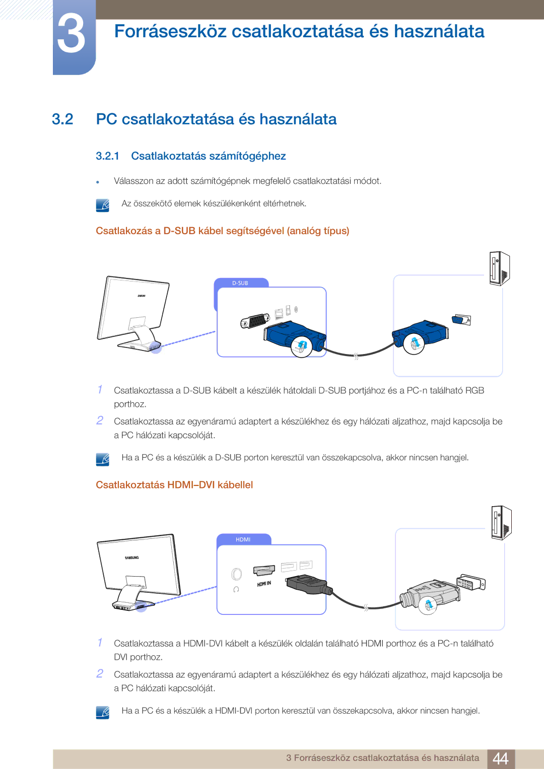 Samsung LC27A750XSSEN PC csatlakoztatása és használata, Csatlakoztatás számítógéphez, Csatlakoztatás HDMI-DVI kábellel 