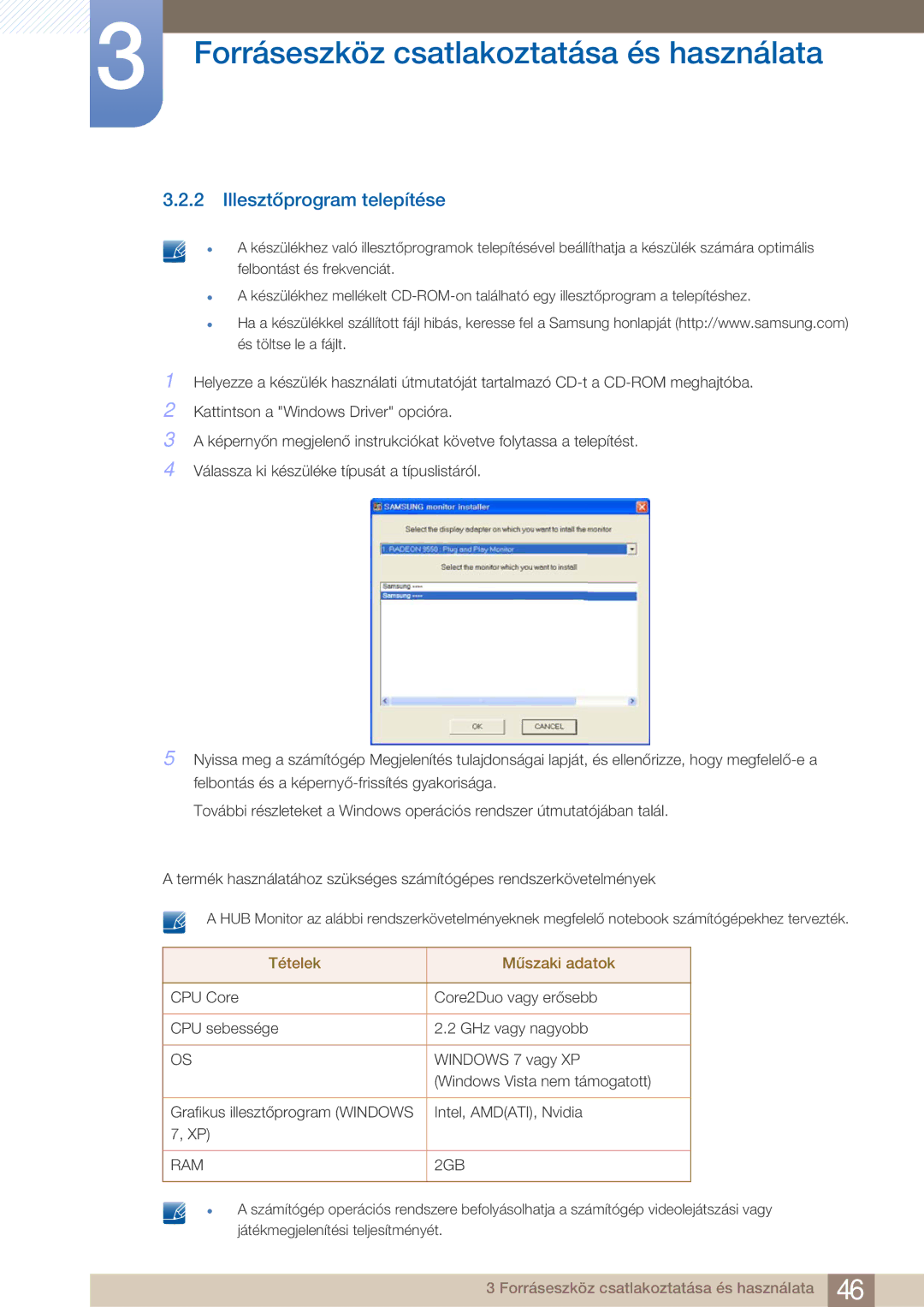 Samsung LC27A750XS/EN, LC23A750XS/EN, LC27A750XSSEN manual Illesztőprogram telepítése, Tételek Műszaki adatok 