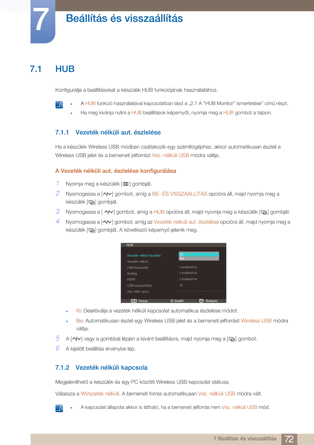 Samsung LC23A750XS/EN manual Beállítás és visszaállítás, Hub, Vezeték nélküli aut. észlelése, Vezeték nélküli kapcsola 