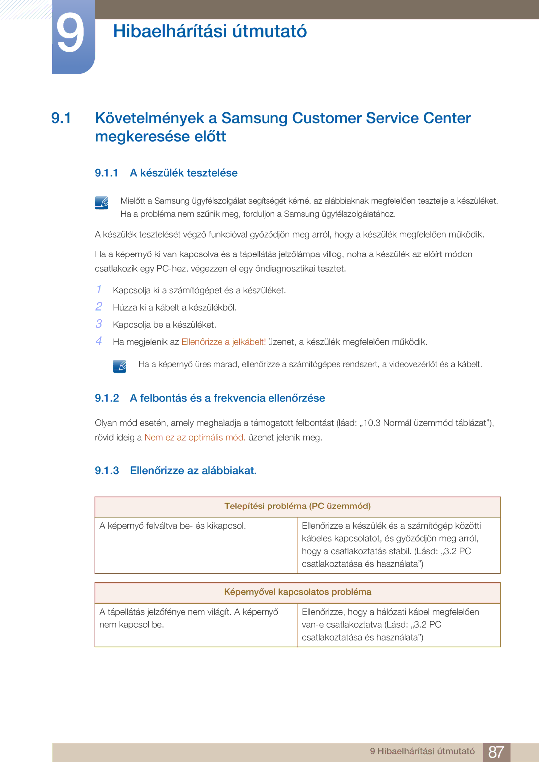 Samsung LC23A750XS/EN manual Hibaelhárítási útmutató, 1 a készülék tesztelése, Felbontás és a frekvencia ellenőrzése 