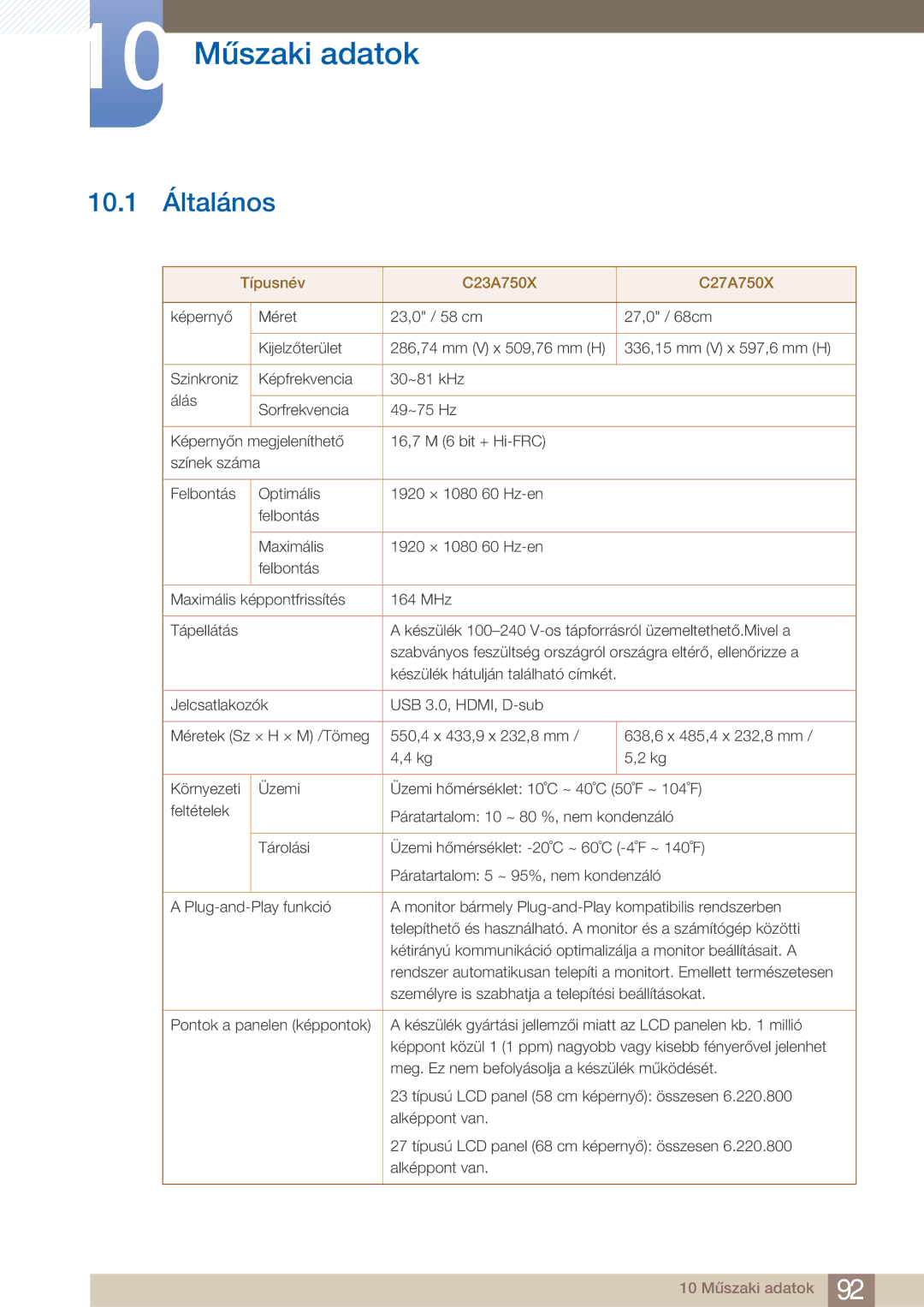 Samsung LC27A750XSSEN, LC23A750XS/EN, LC27A750XS/EN manual 10 Műszaki adatok, 10.1 Általános 