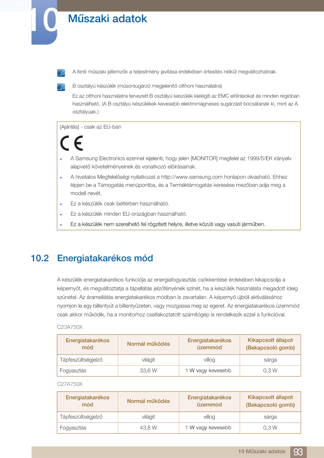 Samsung LC23A750XS/EN, LC27A750XS/EN, LC27A750XSSEN manual Energiatakarékos mód 