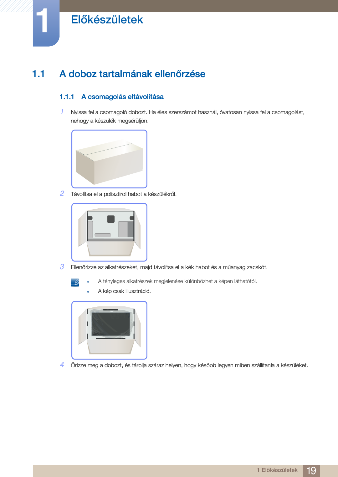 Samsung LC27A750XS/EN, LC23A750XS/EN manual 1 Előkészületek, A doboz tartalmának ellenőrzése, A csomagolás eltávolítása 