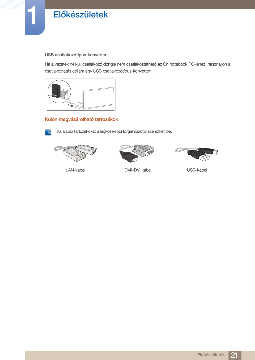 Samsung LC23A750XS/EN manual 1 Előkészületek, Külön megvásárolható tartozékok, USB csatlakozótípus-konverter, LAN-kábel 