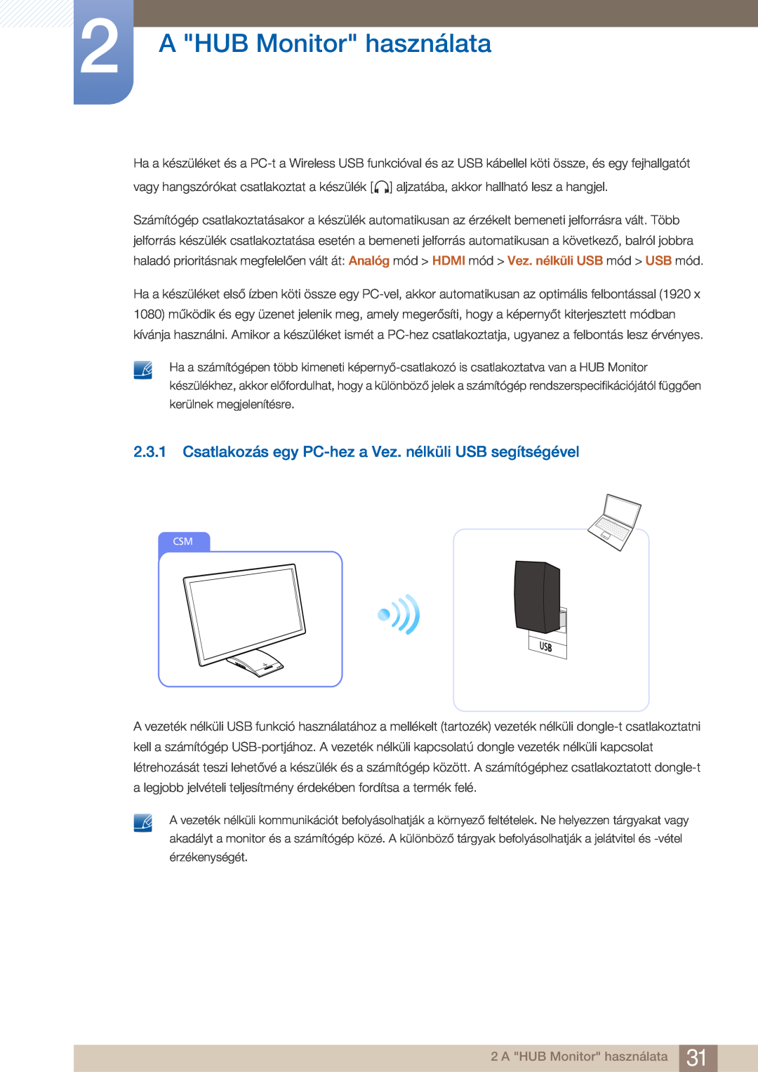 Samsung LC27A750XS/EN, LC23A750XS/EN manual Csatlakozás egy PC-hez a Vez. nélküli USB segítségével, A HUB Monitor használata 