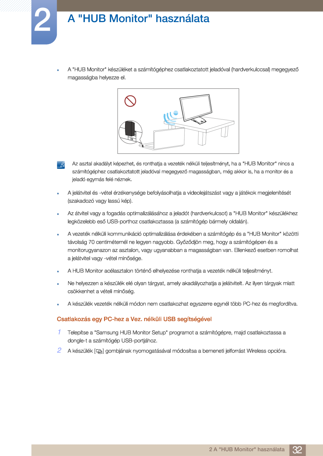 Samsung LC27A750XSSEN manual A HUB Monitor használata, Csatlakozás egy PC-hez a Vez. nélküli USB segítségével, z z z z z z 