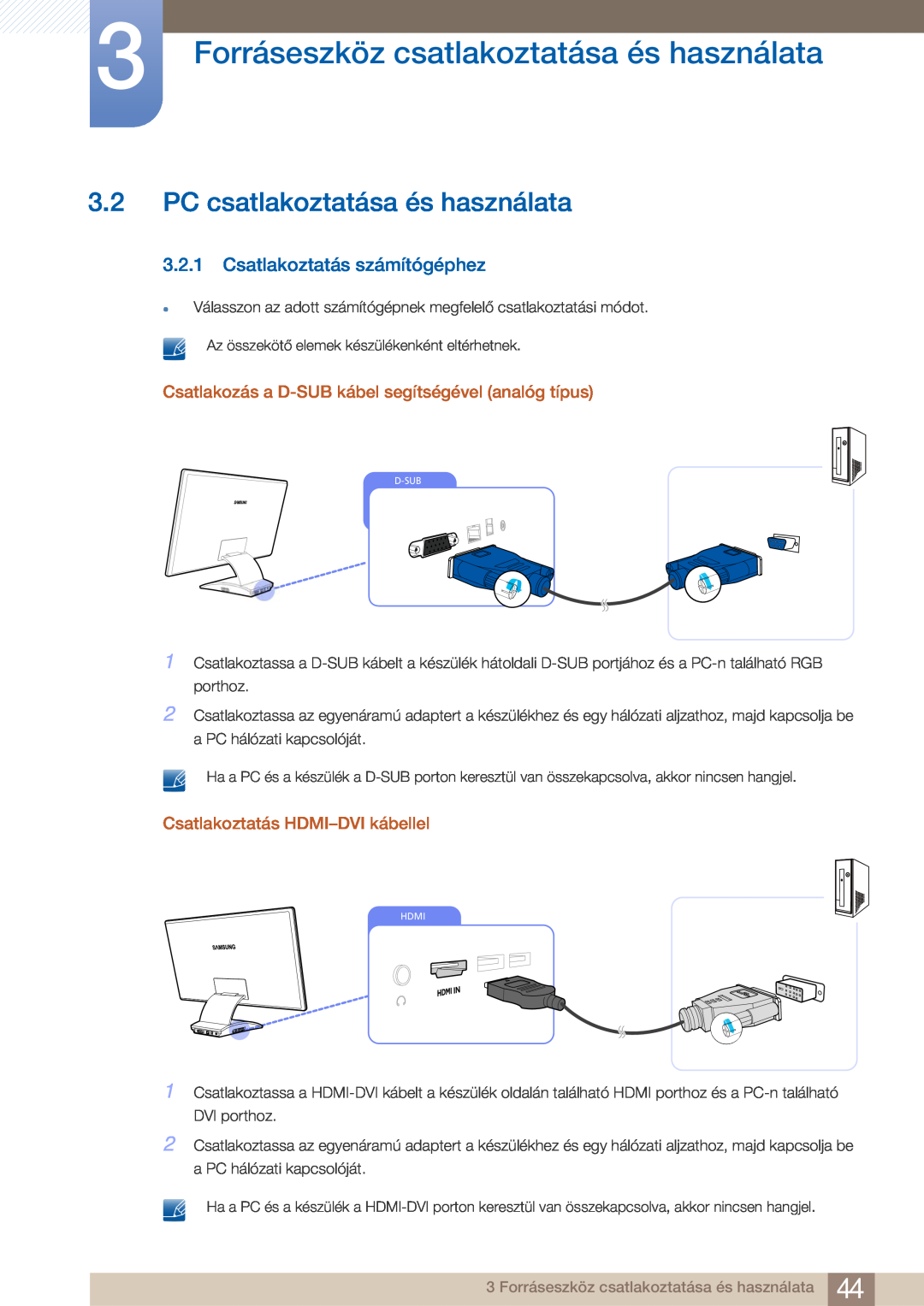 Samsung LC27A750XSSEN PC csatlakoztatása és használata, Csatlakoztatás számítógéphez, Csatlakoztatás HDMI-DVI kábellel 