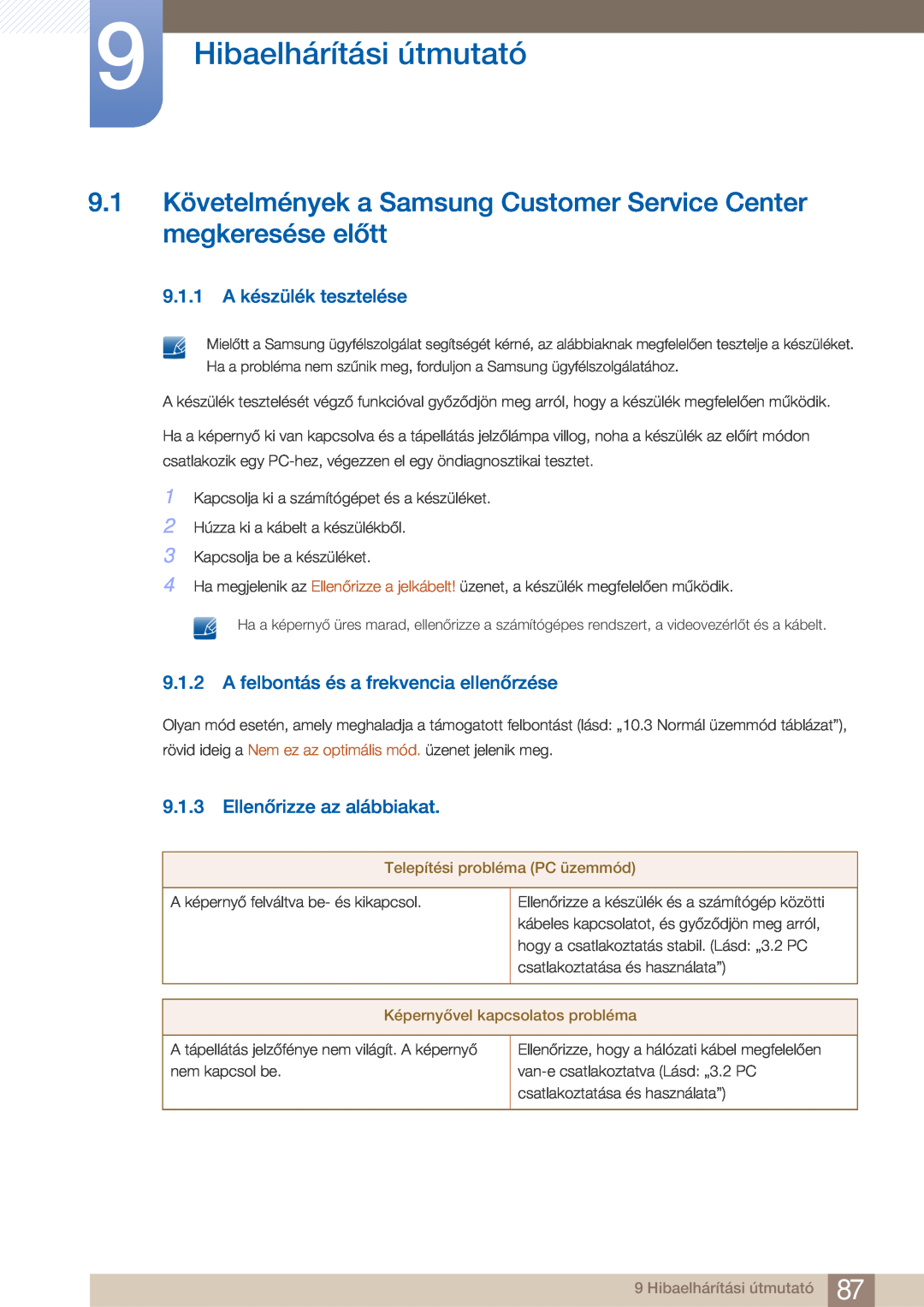 Samsung LC23A750XS/EN manual Hibaelhárítási útmutató, 9.1 Követelmények a Samsung Customer Service Center megkeresése előtt 