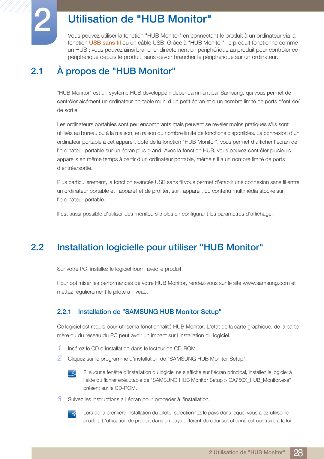 Samsung LC23A750XS/EN manual Utilisation de HUB Monitor, À propos de HUB Monitor, Installation de Samsung HUB Monitor Setup 