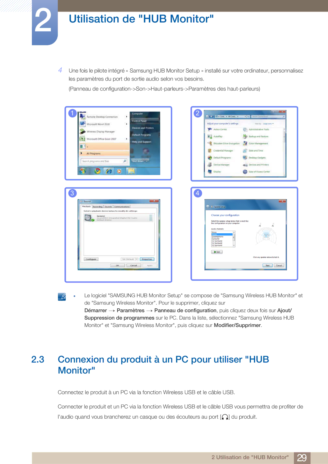 Samsung LC27A750XS/EN, LC23A750XS/EN manual Connexion du produit à un PC pour utiliser HUB Monitor 