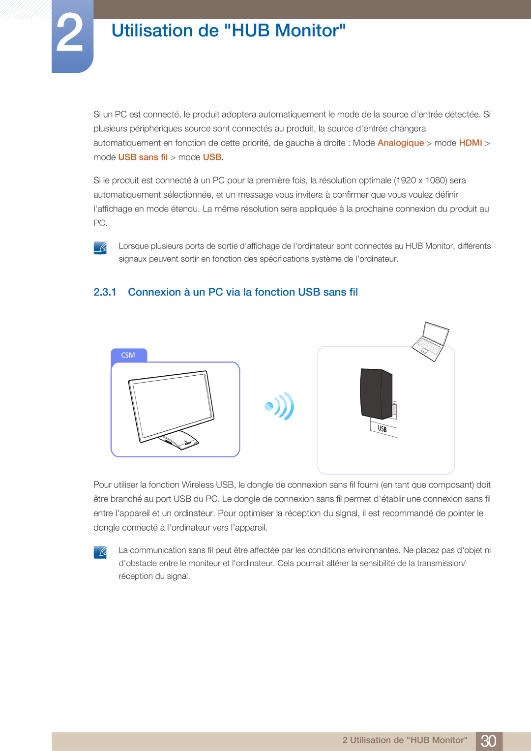 Samsung LC23A750XS/EN, LC27A750XS/EN manual Connexion à un PC via la fonction USB sans fil 