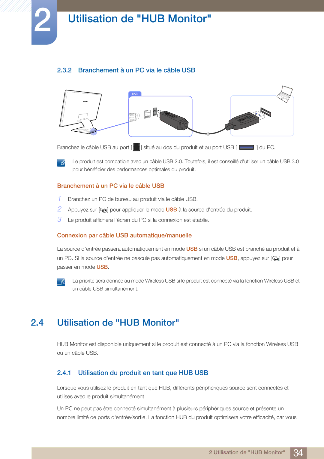 Samsung LC23A750XS/EN, LC27A750XS/EN manual Utilisation de HUB Monitor, Branchement à un PC via le câble USB 