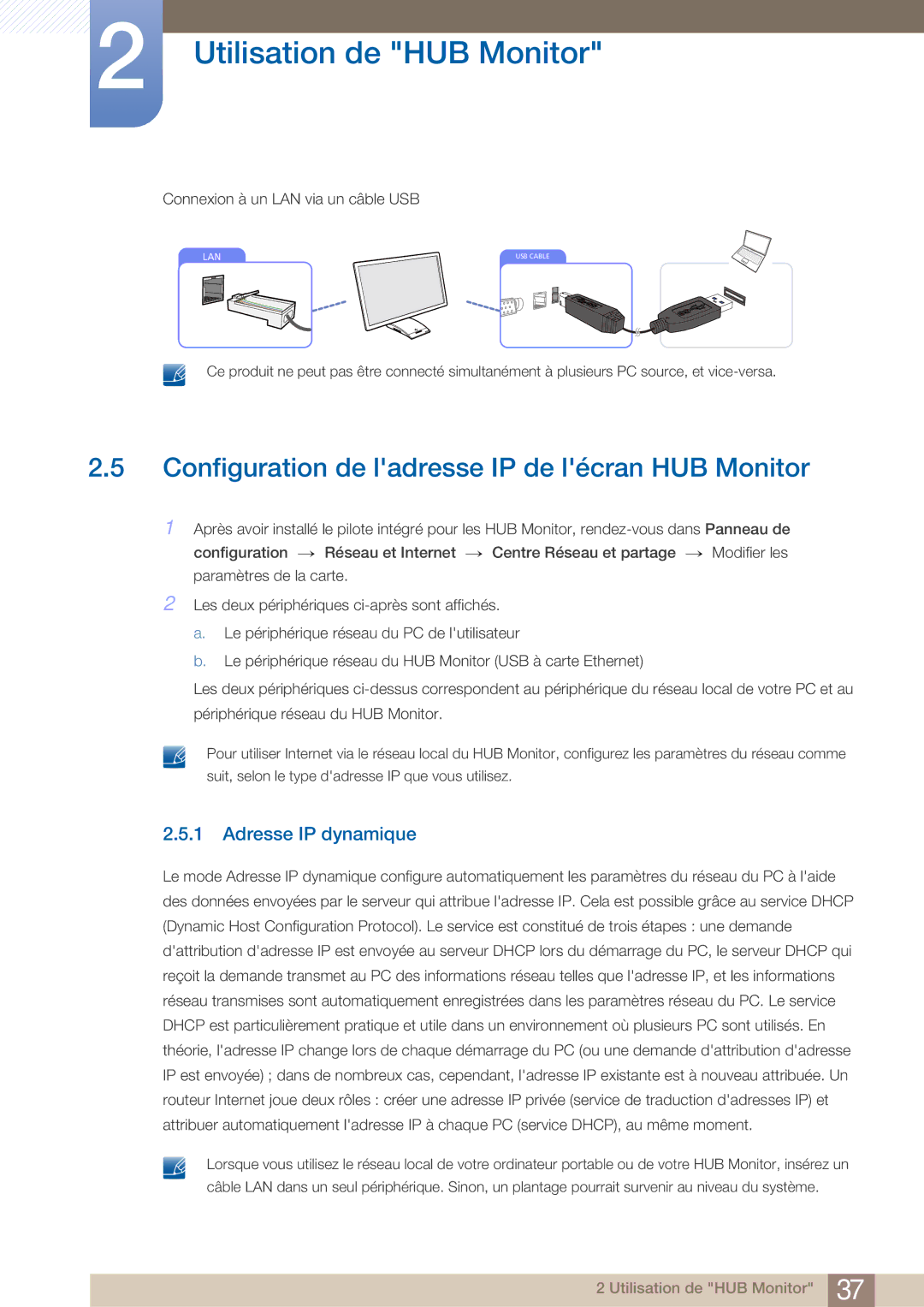 Samsung LC27A750XS/EN, LC23A750XS/EN manual Configuration de ladresse IP de lécran HUB Monitor, Adresse IP dynamique 