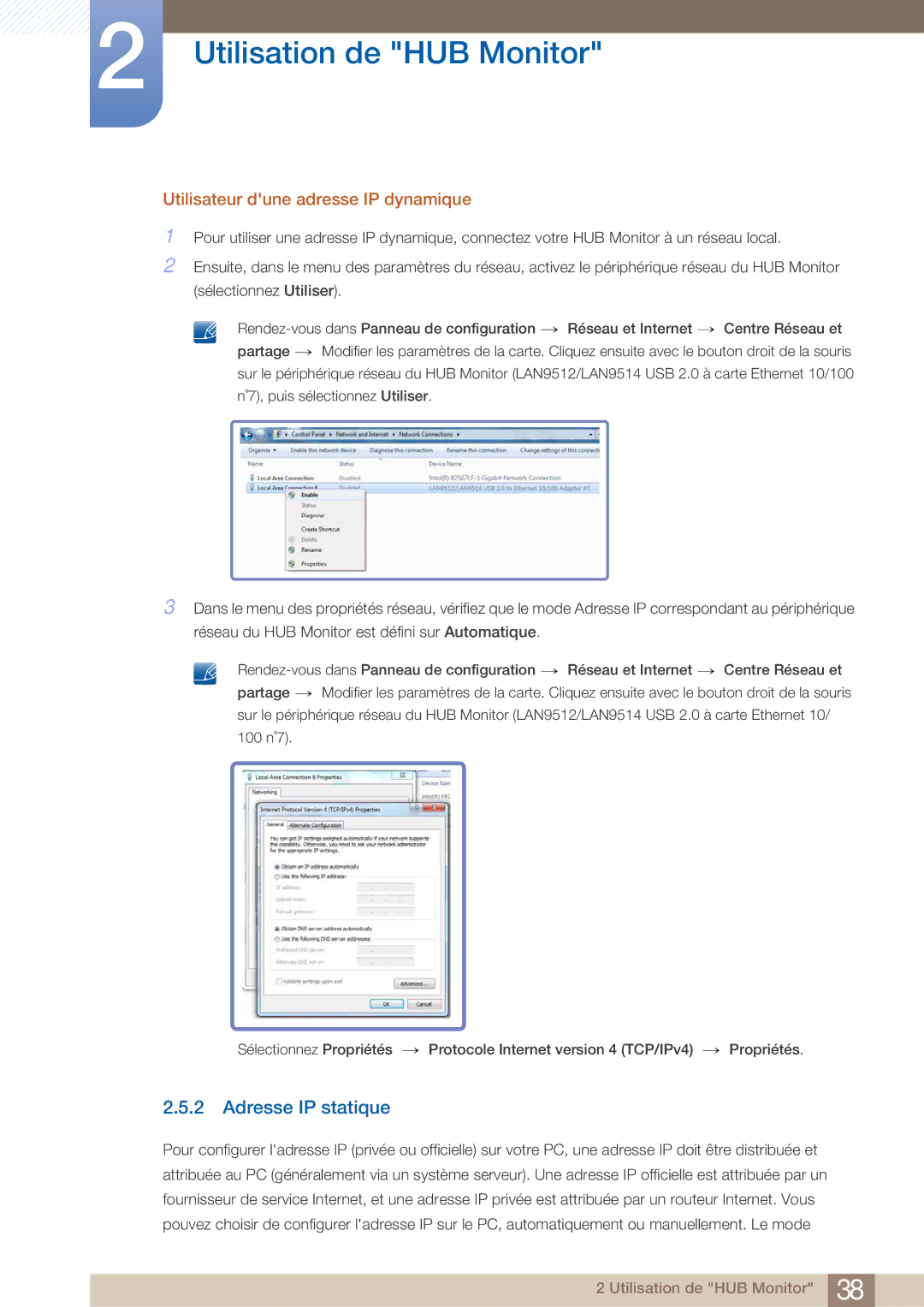 Samsung LC23A750XS/EN, LC27A750XS/EN manual Adresse IP statique, Utilisateur dune adresse IP dynamique 