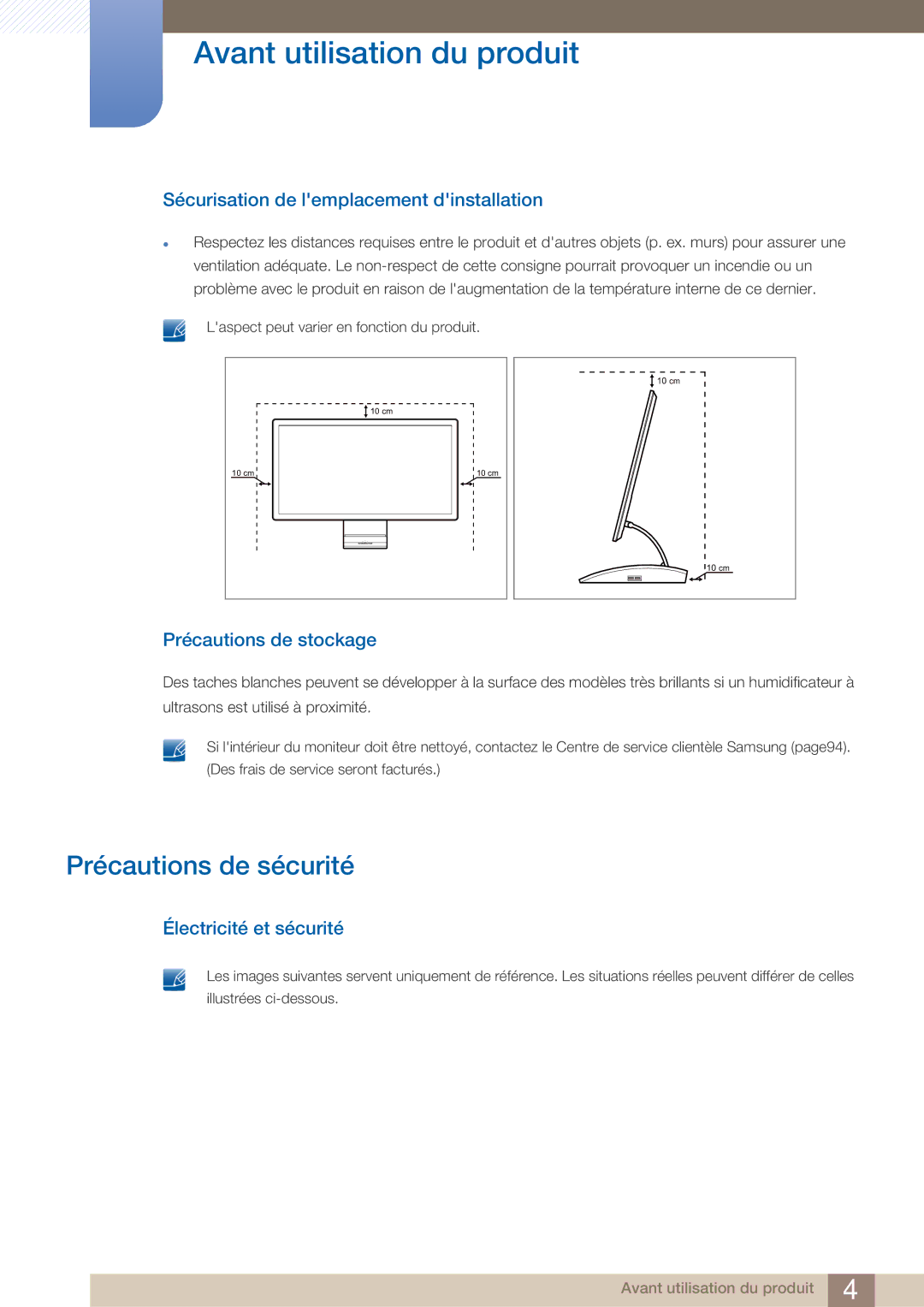 Samsung LC23A750XS/EN manual Précautions de sécurité, Sécurisation de lemplacement dinstallation, Précautions de stockage 